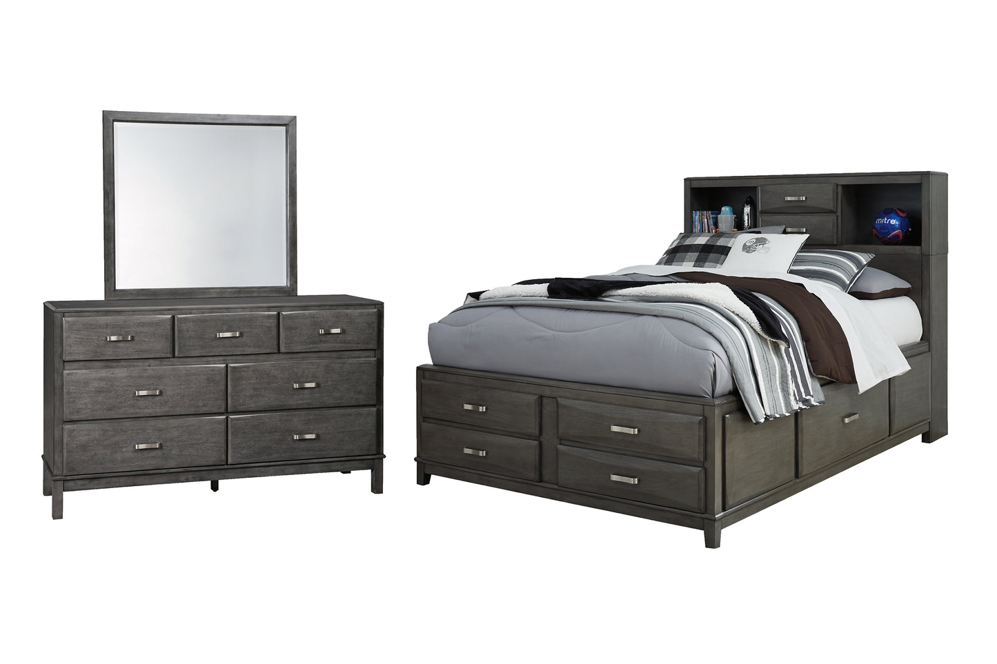 Caitbrook Storage Bed With 8 Storage Drawers With Mirrored Dresser