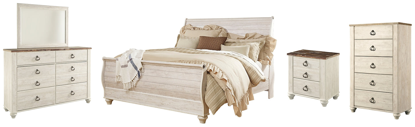 Willowton Sleigh Bed With Mirrored Dresser, Chest And Nightstand