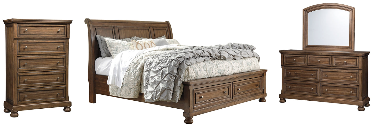 Flynnter Sleigh Bed With 2 Storage Drawers With Mirrored Dresser And Chest