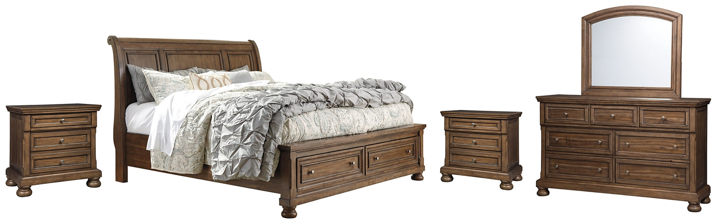 Flynnter Sleigh Bed With 2 Storage Drawers With Mirrored Dresser And 2 Nightstands