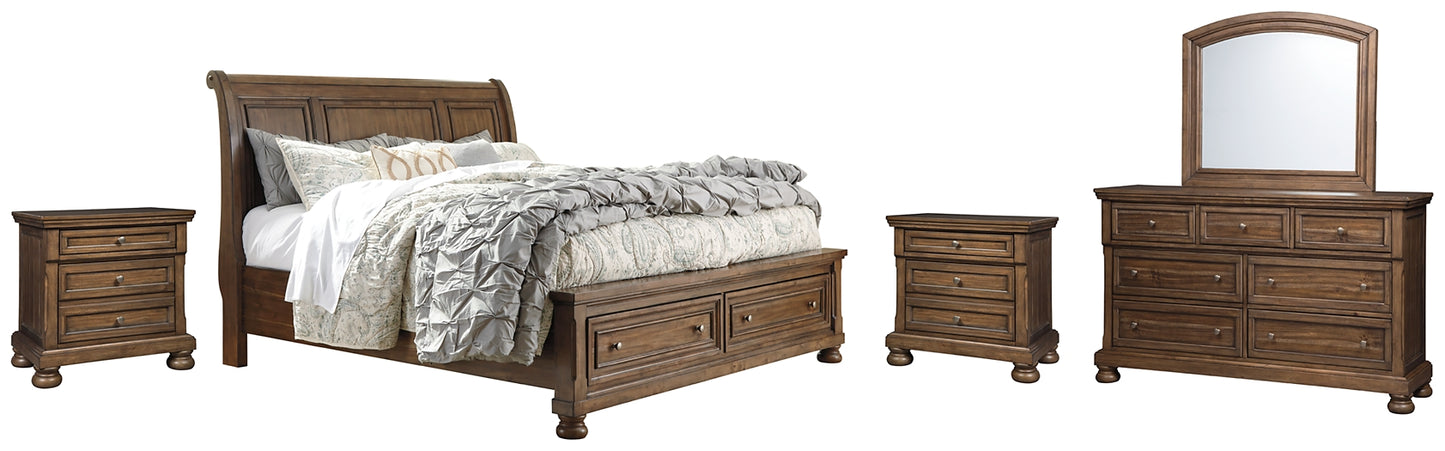 Flynnter Sleigh Bed With 2 Storage Drawers With Mirrored Dresser And 2 Nightstands
