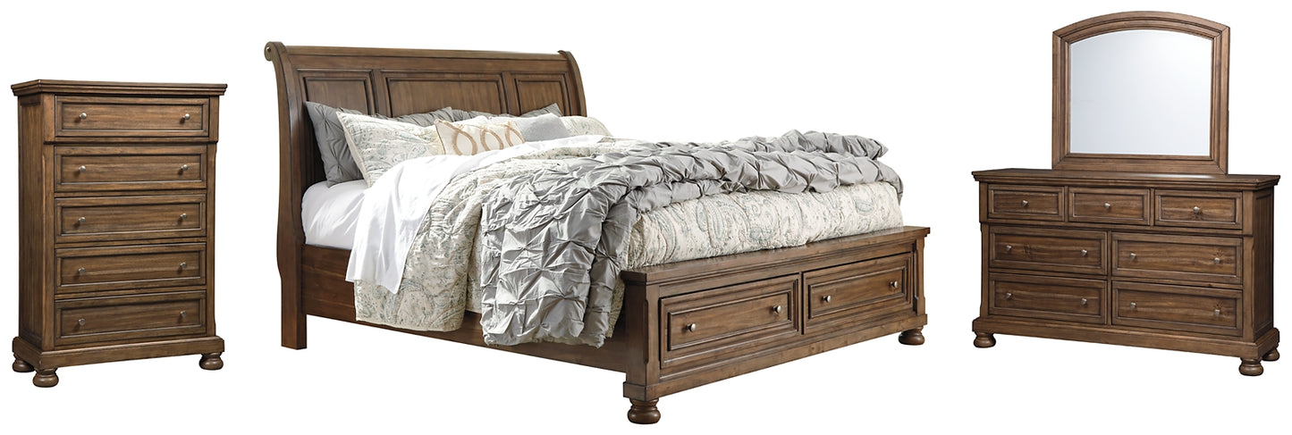 Flynnter Sleigh Bed With 2 Storage Drawers With Mirrored Dresser And Chest