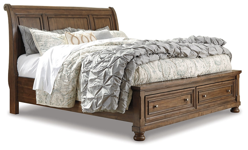 Flynnter Sleigh Bed With 2 Storage Drawers With Mirrored Dresser And 2 Nightstands