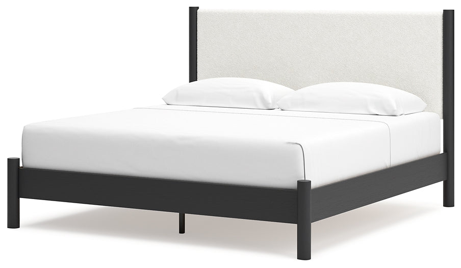 Cadmori King Upholstered Panel Bed with Mirrored Dresser and Nightstand