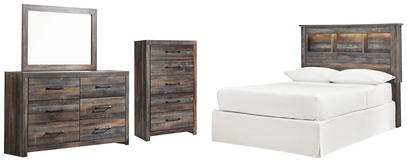 Drystan Full Bookcase Headboard with Mirrored Dresser and Chest