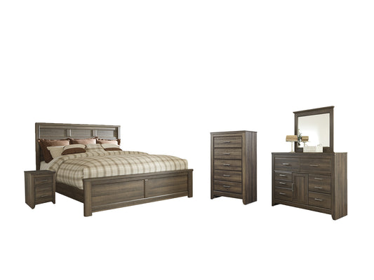 Juararo California King Panel Bed with Mirrored Dresser, Chest and Nightstand