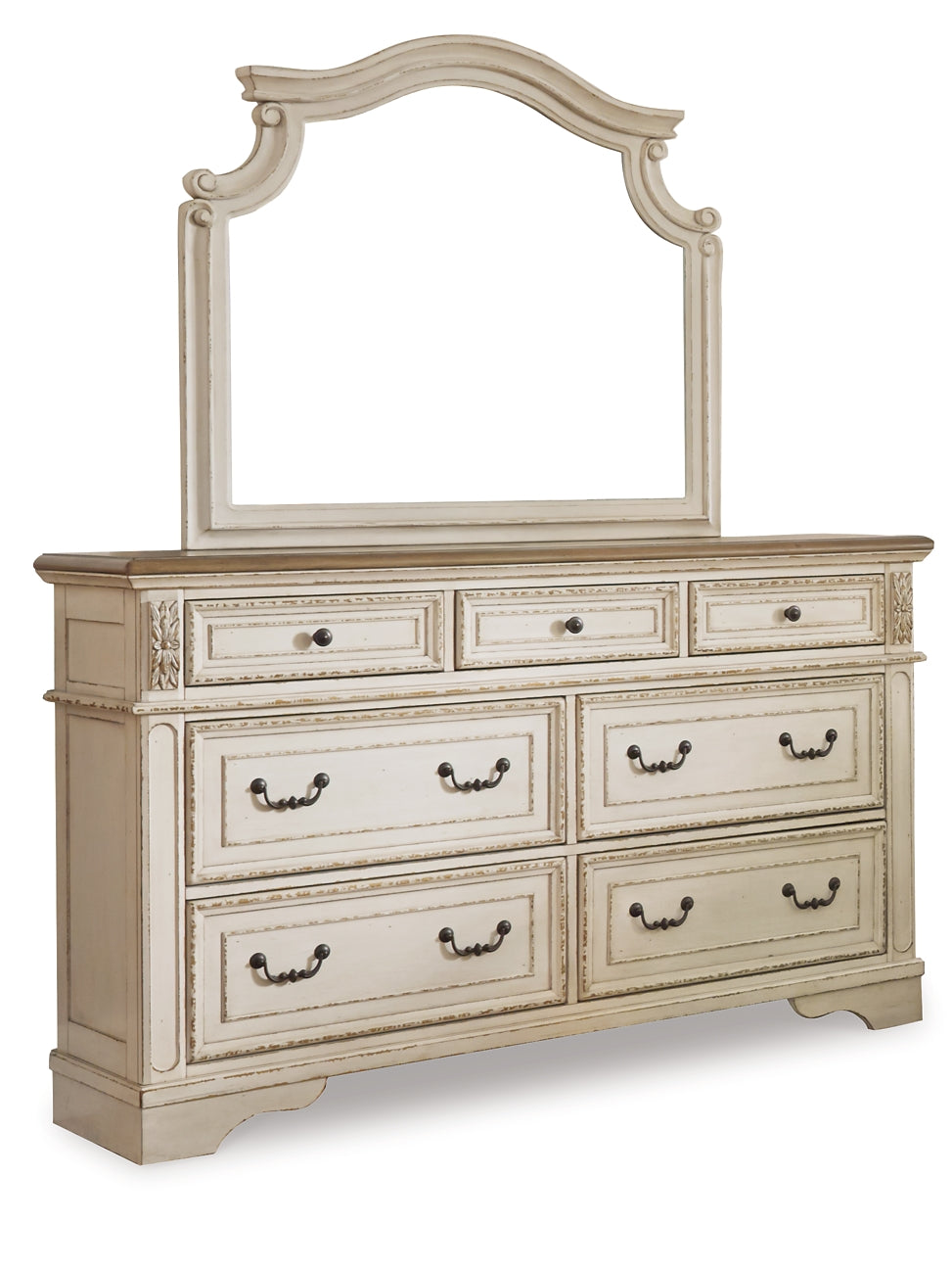 Realyn California King Upholstered Panel Bed with Mirrored Dresser