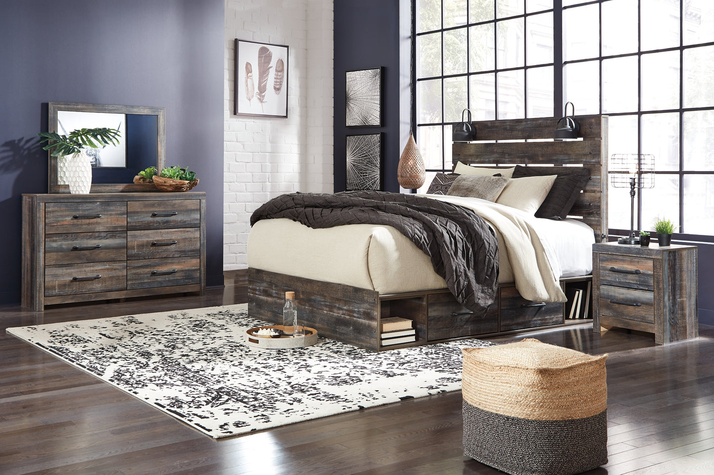 Drystan Queen Panel Bed with 4 Storage Drawers with Mirrored Dresser, Chest and 2 Nightstands