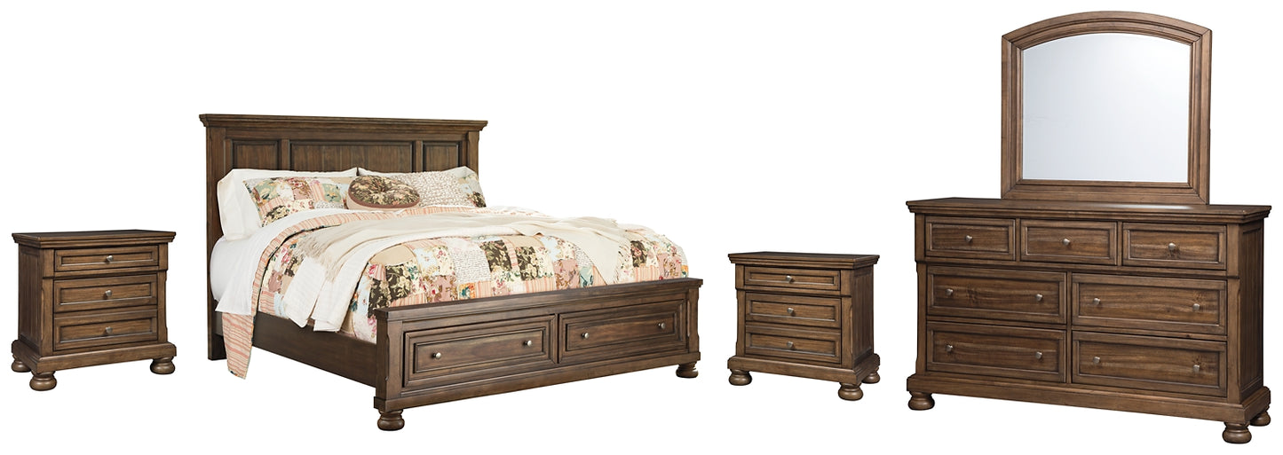Flynnter Queen Panel Bed with 2 Storage Drawers with Mirrored Dresser and 2 Nightstands
