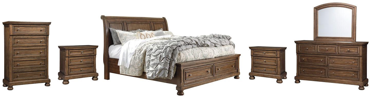 Flynnter  Sleigh Bed With 2 Storage Drawers With Mirrored Dresser, Chest And 2 Nightstands