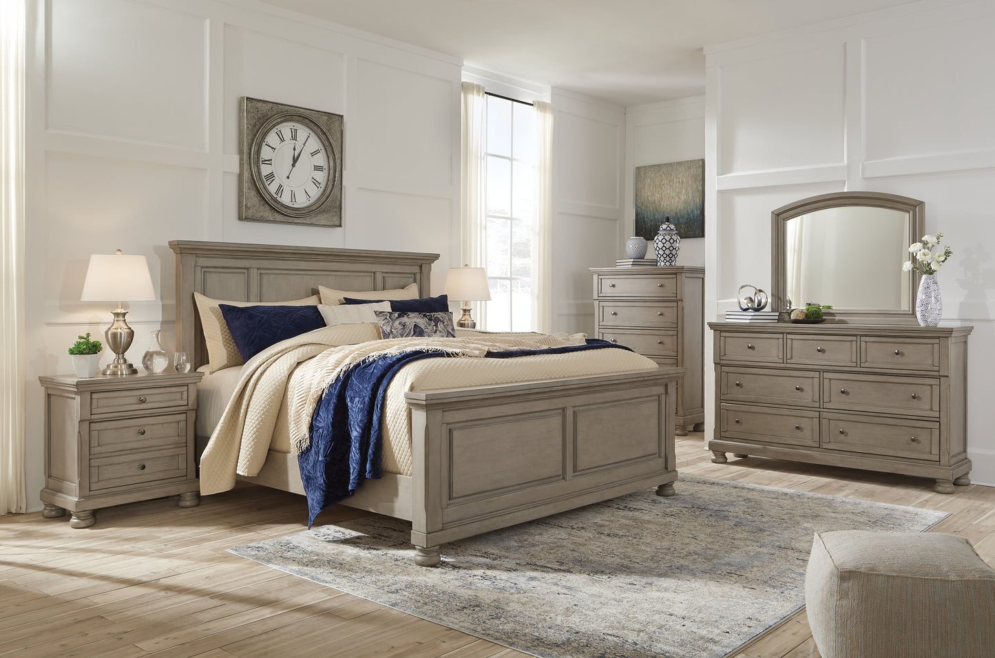 Lettner Queen Panel Bed with Mirrored Dresser, Chest and Nightstand